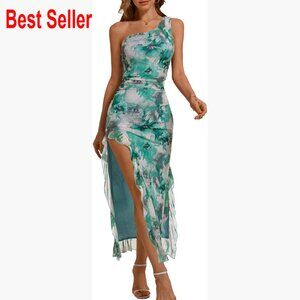 Mesh Formal One Shoulder Bodycon Maxi Dress with Ruffle Slit